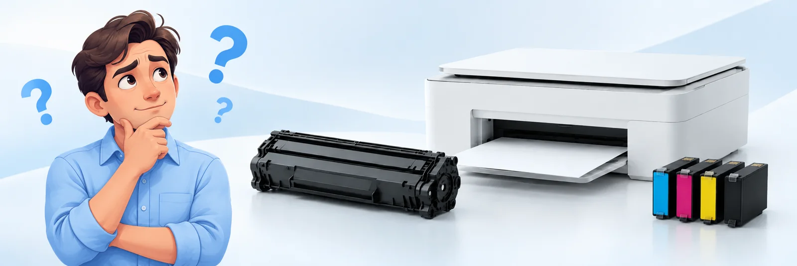 A person choosing ink or toner for a printer, with question marks